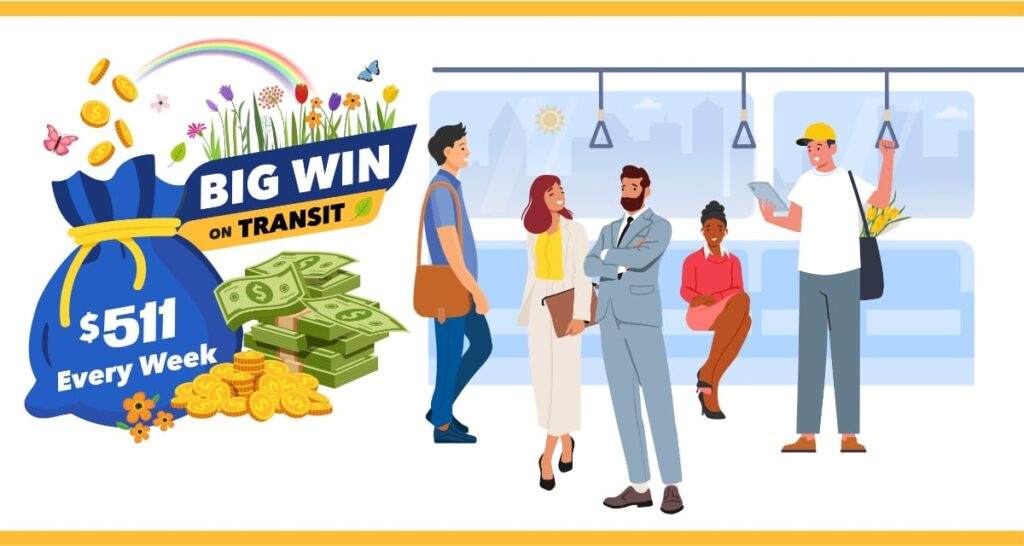Photo of the inside of a transit vehicle with 5 people - some sitting, some standing. To the left of that image is a big blue money bag with gold coins falling from above onto stacks of money next to the bag. Above the bag is also a rainbow over blooming flowers. Text reads: Big Win on Transit. $511 every week.