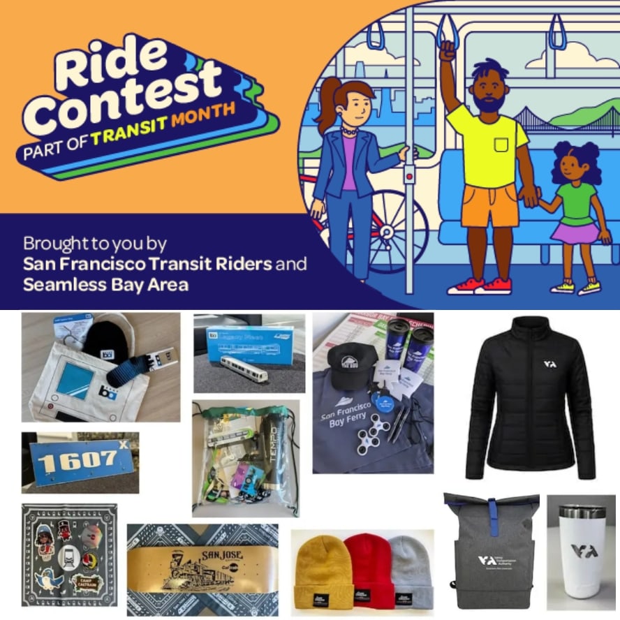 Photo montage of different prizes people can win in the Transit Month Ride Contest. 