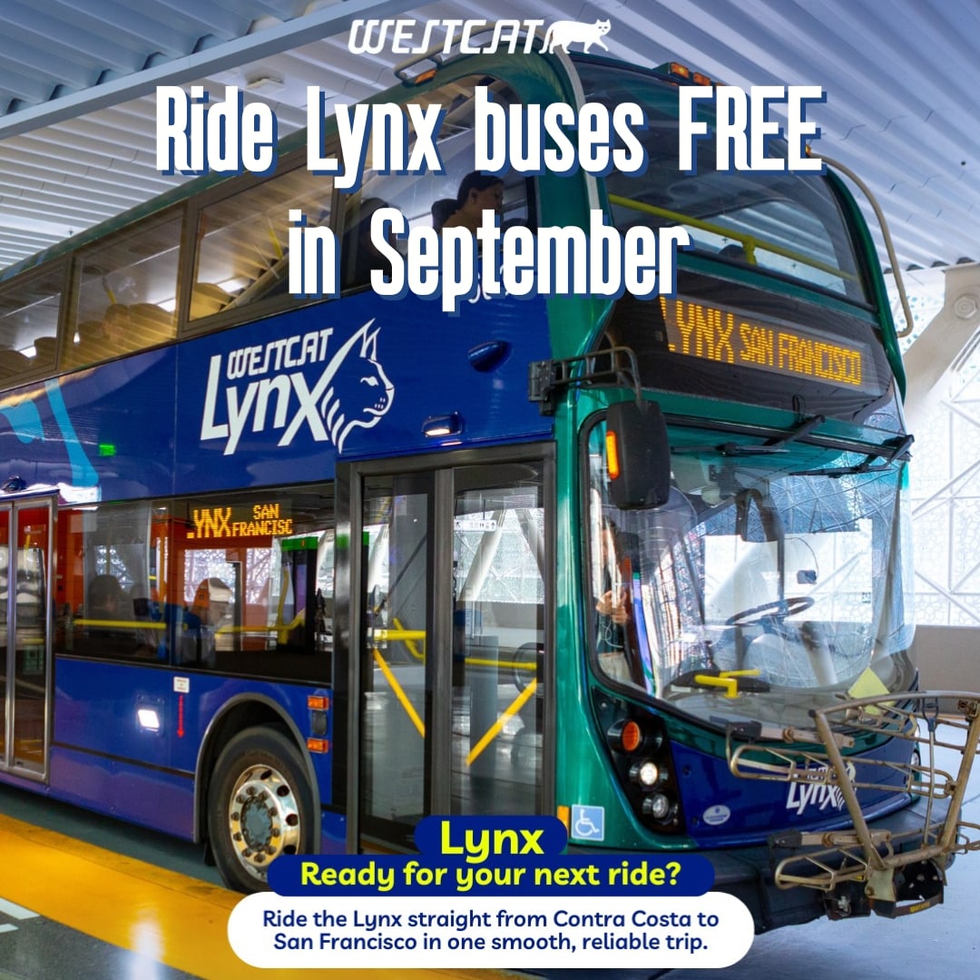 Photo of WestCAT Lynx double decker bus parked at the curb. Text reads: WestCAT - Ride Lynx buses FREE in September. 