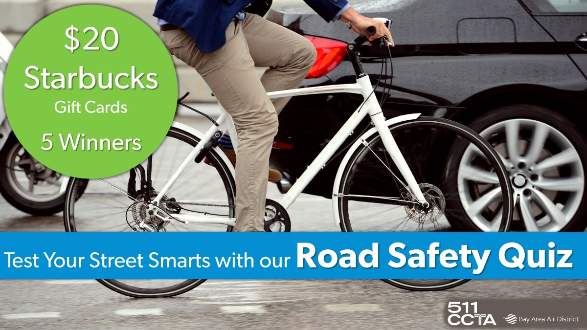 Image of man commuting by bicycle. Text reads: $20 Starbucks gift cards - 5 winners. Test your street smarts with our Road Safety Quic