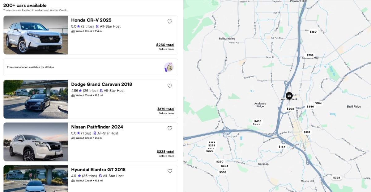 Screenshot of Turo search page with list of available cars on the left half of the screen and a map showing locations of available cars on a local map on the right half