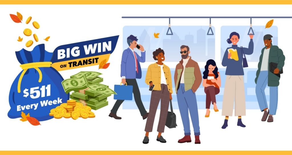 Illustration of people sitting and standing on board a transit vehicle. On left of image, a large blue money bag and stacks of bills and gold coins. Bag has text: Big Win on Transit - $511 Every Week.